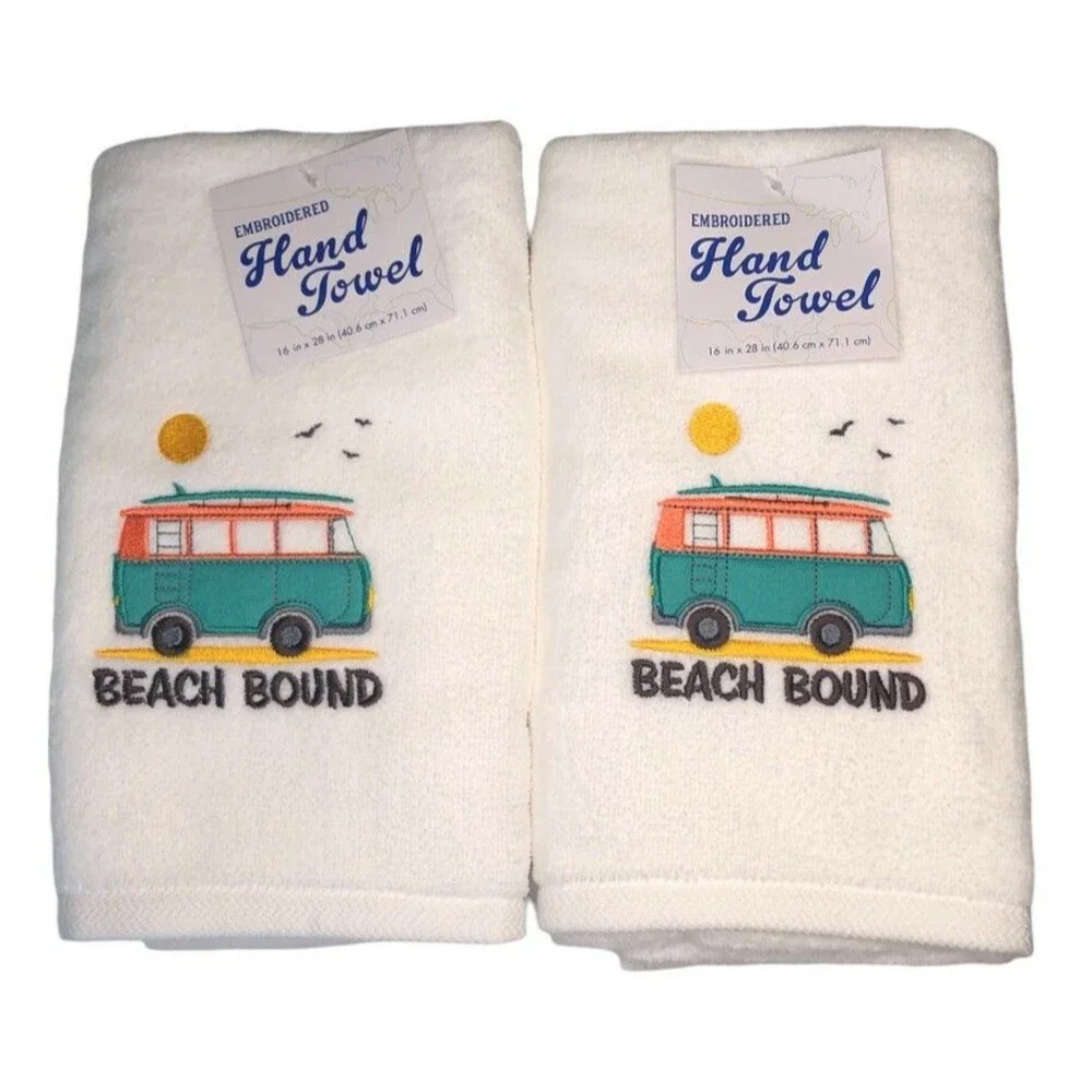 Hippie Bus Hand Towels Set of 2 Embroidered Summer Beach Bound Surfboard White